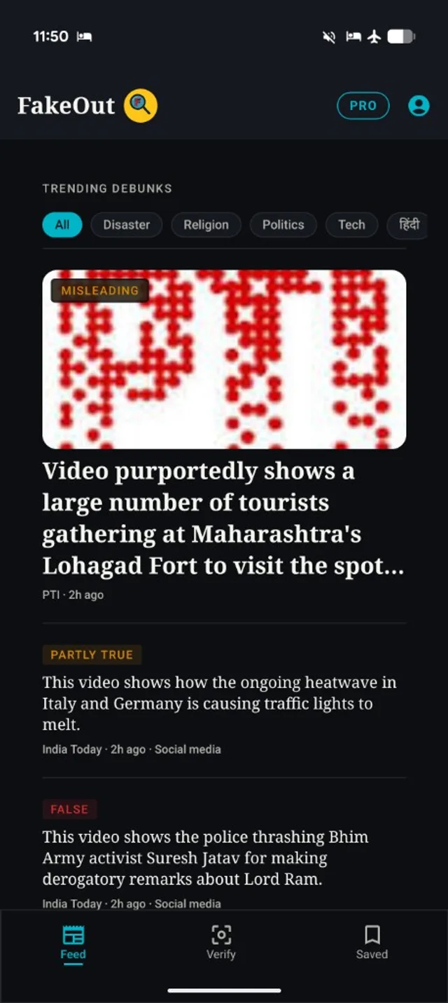 FakeOut trending debunks feed with verdict stamps on each story