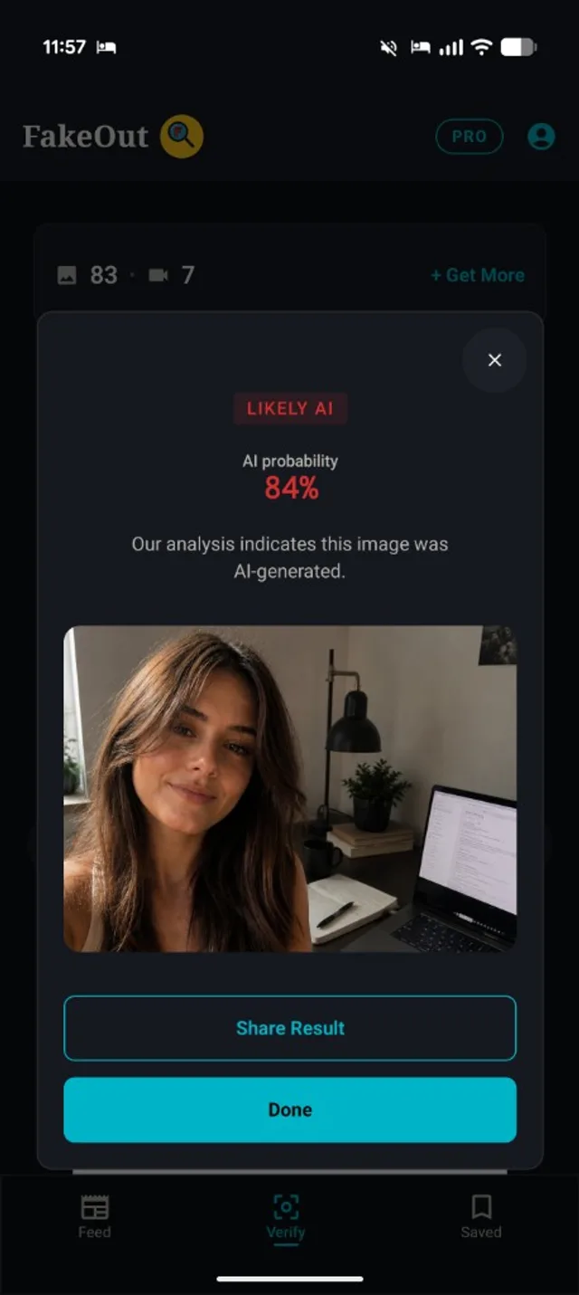 FakeOut verify result showing an image flagged as likely AI with 84% probability