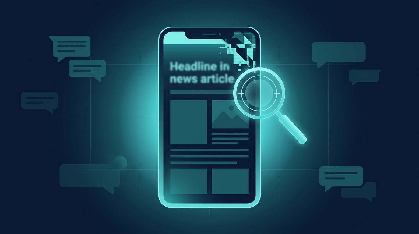 Editorial illustration of a smartphone showing an AI-generated fake news headline with a cyan verification reticle scanning the screen