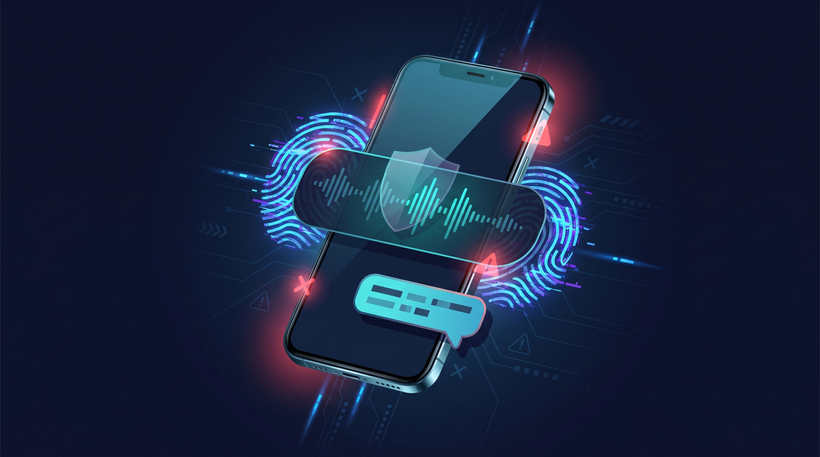 Stylized illustration of a phone receiving a suspicious AI-generated voice message