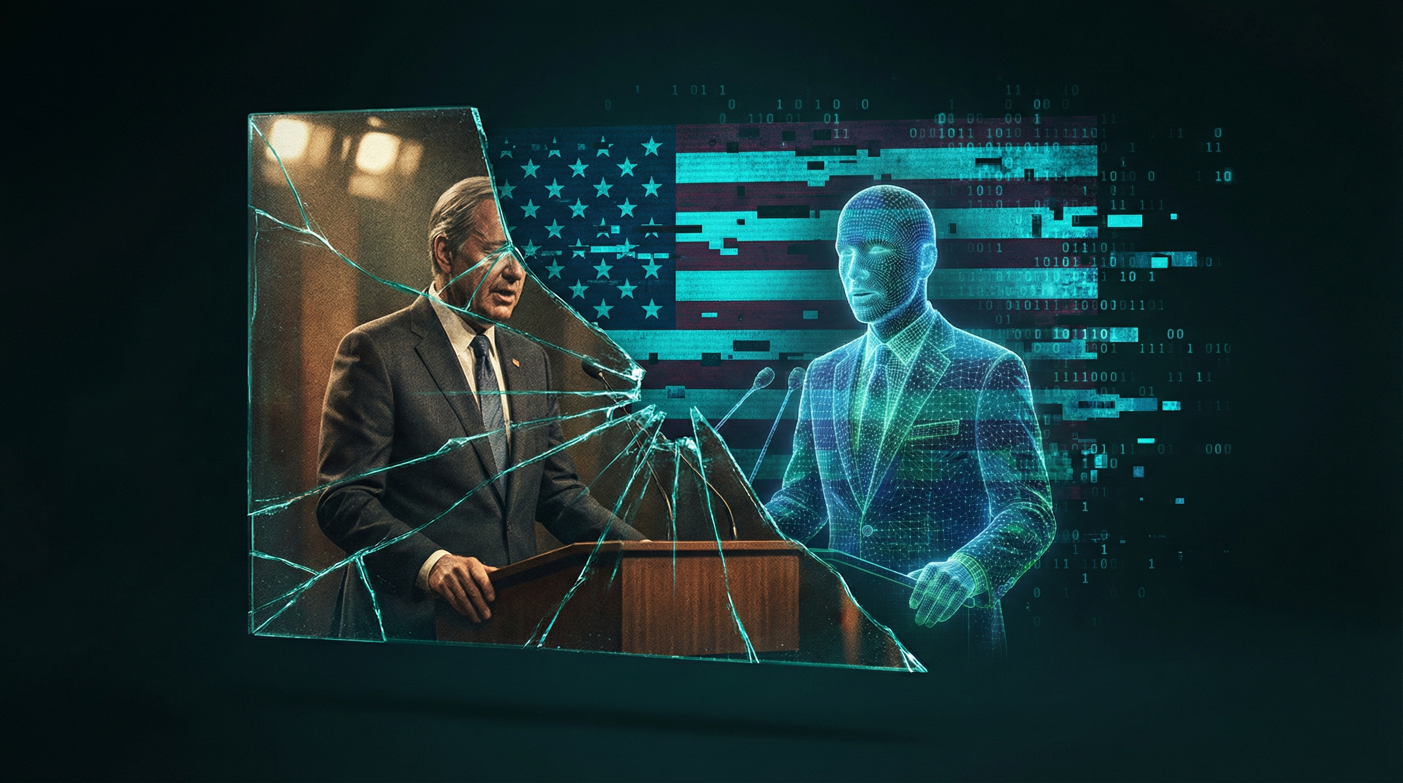 Split digital screen showing a real and AI-synthesized politician speaking, fractured by glowing teal fault lines against a dark background