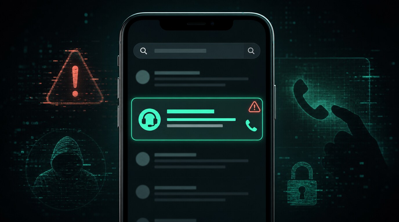 Stylized illustration of a phone showing a suspicious customer support search result