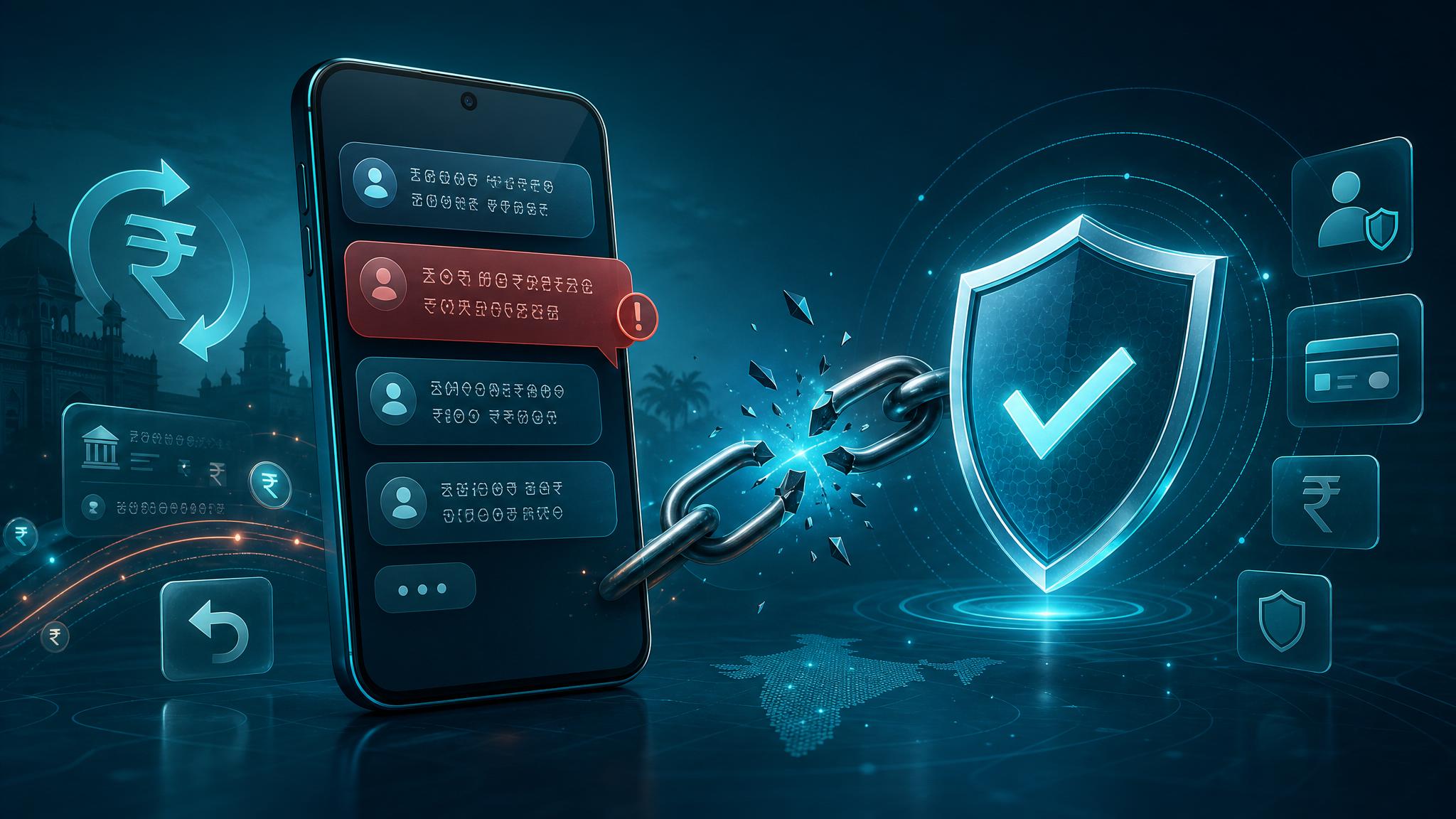Editorial illustration of a suspicious refund message on a smartphone being checked by a trust shield