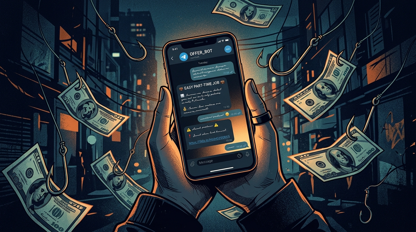 Stylized illustration of a suspicious Telegram chat offering a fake part-time job