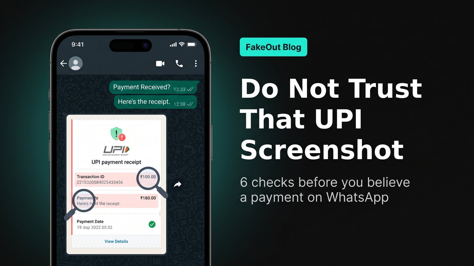 Stylized illustration of a suspicious UPI payment screenshot on a phone