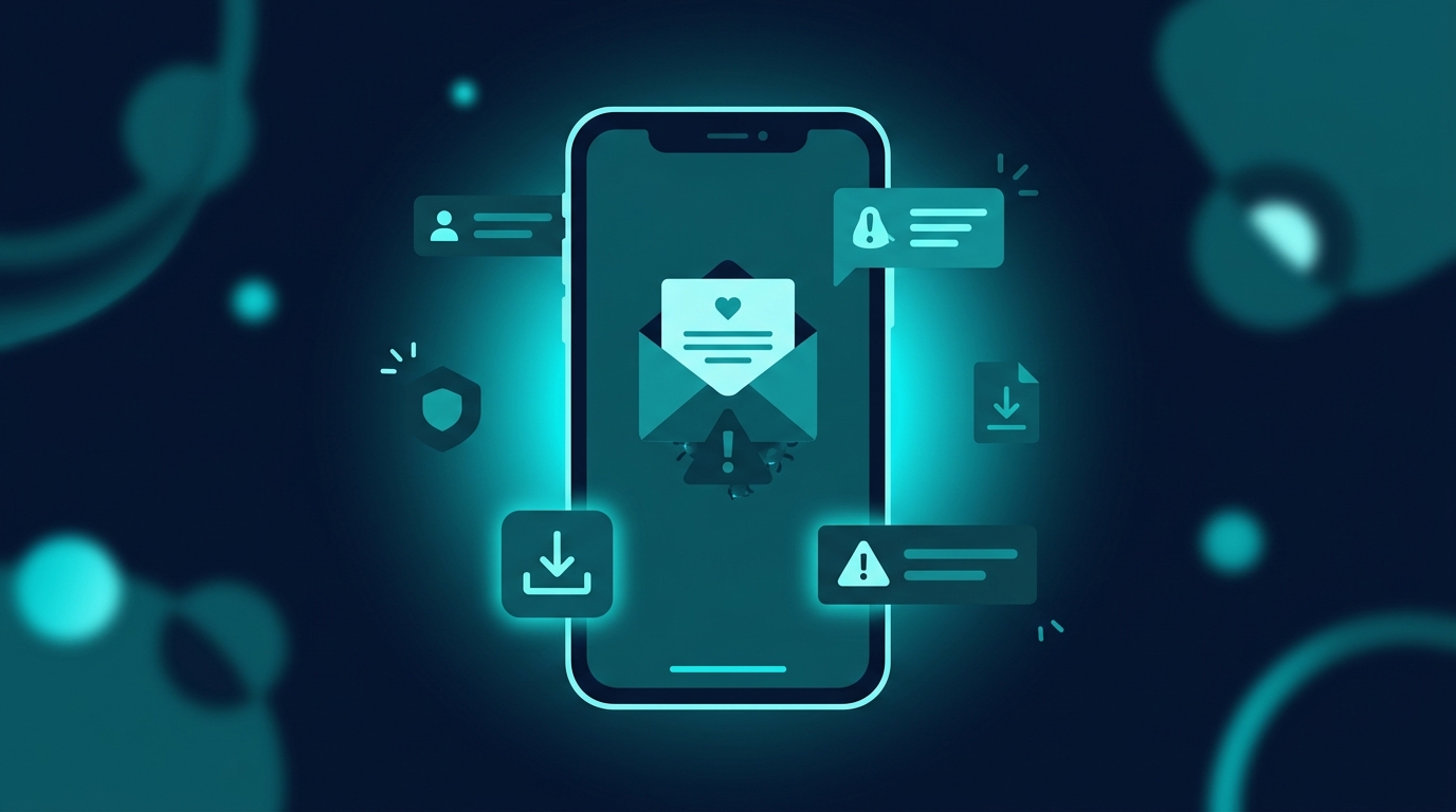 Editorial illustration of a smartphone showing a wedding invitation envelope with a hidden malware warning symbol, cyan accent on a dark background
